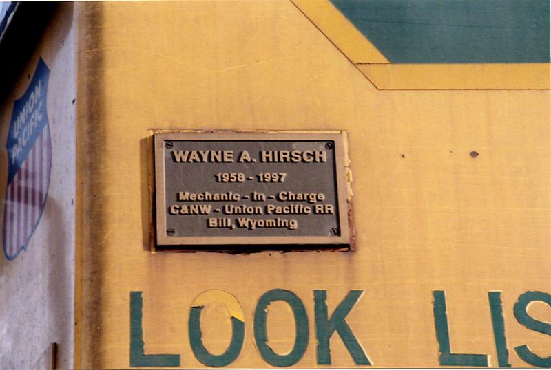 048.jpg.jpg - Back at Bain, Wally noticed this memorial plaque to Wayne A. Hirsch.  Wayne was a machinist at Huron, South Dakota and was there during Alco times prior to coming to Bill. Wayne is remembered as an excellent mechanic and was liked by all.  He succumbed to brain cancer in 1997.